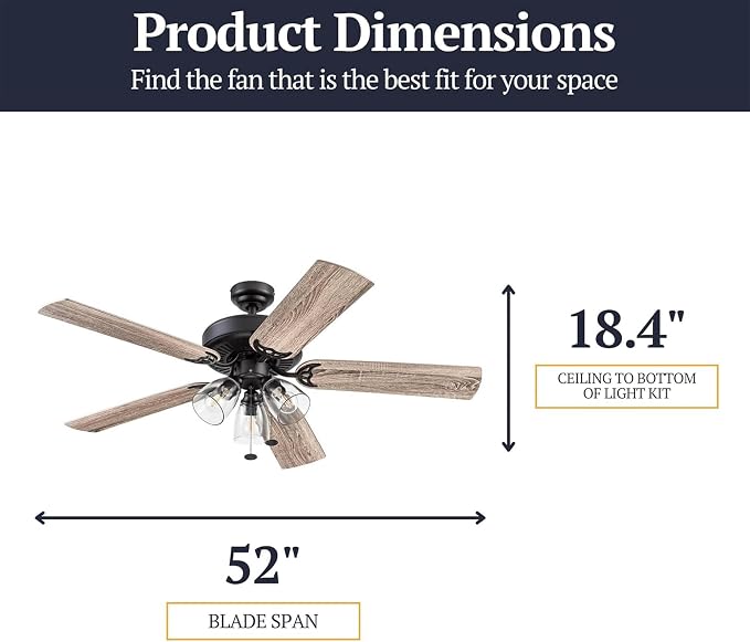 52 Inch Farmhouse LED Indoor Ceiling Fan with Light, Pull Chain Control, 5 Dual Finish Blades, Reversible Motor