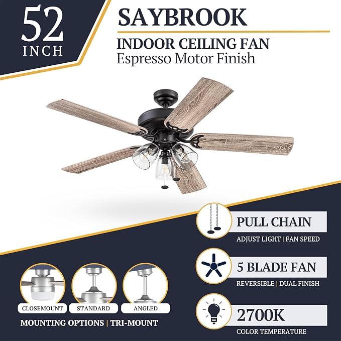 52 Inch Farmhouse LED Indoor Ceiling Fan with Light, Pull Chain Control, 5 Dual Finish Blades, Reversible Motor