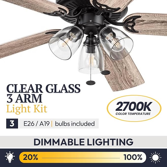 52 Inch Farmhouse LED Indoor Ceiling Fan with Light, Pull Chain Control, 5 Dual Finish Blades, Reversible Motor