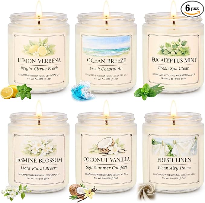 Scented Candle Gift Set, 6 Pack 7oz Natural Soy Wax Aromatherapy Candles, Coconut Vanilla Lemon Verbena Fresh Linen Scents