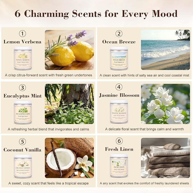 Scented Candle Gift Set, 6 Pack 7oz Natural Soy Wax Aromatherapy Candles, Coconut Vanilla Lemon Verbena Fresh Linen Scents