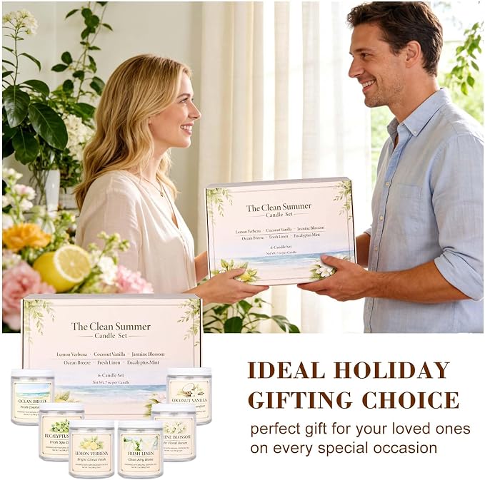 Scented Candle Gift Set, 6 Pack 7oz Natural Soy Wax Aromatherapy Candles, Coconut Vanilla Lemon Verbena Fresh Linen Scents