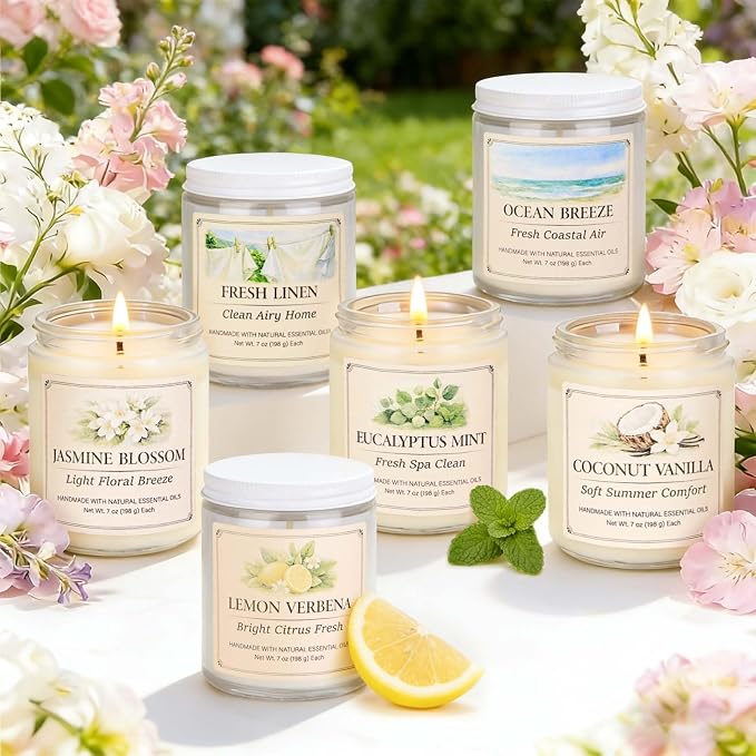 Scented Candle Gift Set, 6 Pack 7oz Natural Soy Wax Aromatherapy Candles, Coconut Vanilla Lemon Verbena Fresh Linen Scents