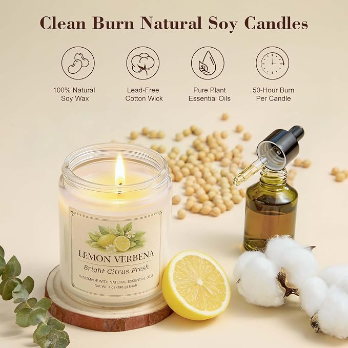 Scented Candle Gift Set, 6 Pack 7oz Natural Soy Wax Aromatherapy Candles, Coconut Vanilla Lemon Verbena Fresh Linen Scents