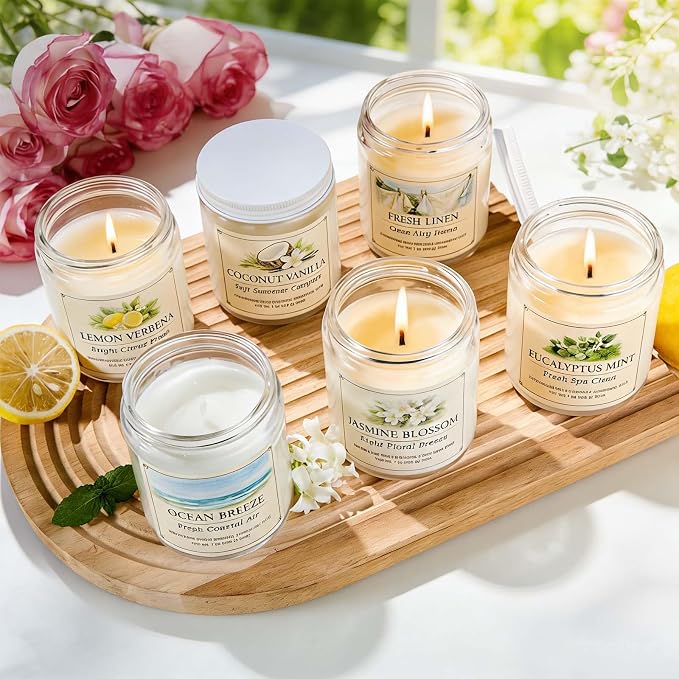 Scented Candle Gift Set, 6 Pack 7oz Natural Soy Wax Aromatherapy Candles, Coconut Vanilla Lemon Verbena Fresh Linen Scents