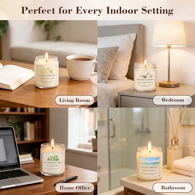 Scented Candle Gift Set, 6 Pack 7oz Natural Soy Wax Aromatherapy Candles, Coconut Vanilla Lemon Verbena Fresh Linen Scents