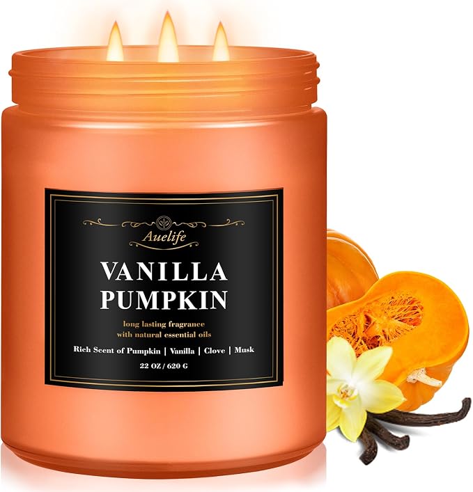 Scented Candle, Vanilla Pumpkin Candles – 22oz Large 3-Wick Holiday Soy Candle, Long Lasting Winter Candles for Home Décor