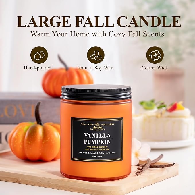 Scented Candle, Vanilla Pumpkin Candles – 22oz Large 3-Wick Holiday Soy Candle, Long Lasting Winter Candles for Home Décor