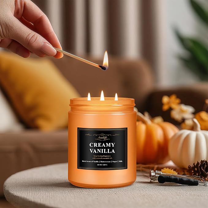 Scented Candle, Vanilla Pumpkin Candles – 22oz Large 3-Wick Holiday Soy Candle, Long Lasting Winter Candles for Home Décor