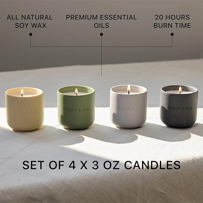 Scented Candles Discovery Set | 4 Pack of 3oz Winter Candles | 20-Hour Burn Time, Soy Blend Wax, Cotton Wick, Ceramic Jars