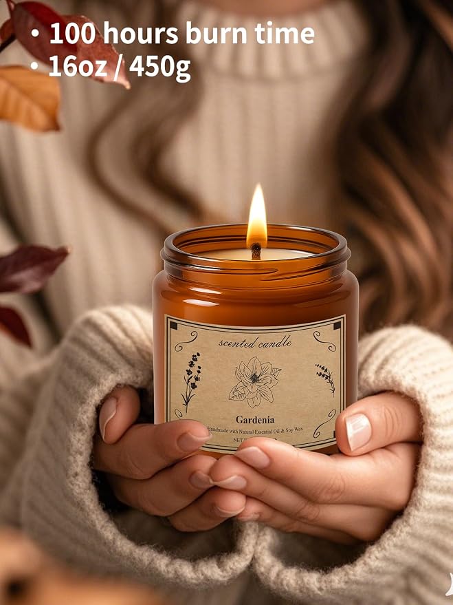 Scented Candles for Home, 16oz Soy Wax Candle, 100 Hour Burn Time, Gardenia Scented Candle for Men & Women, Highly Scented