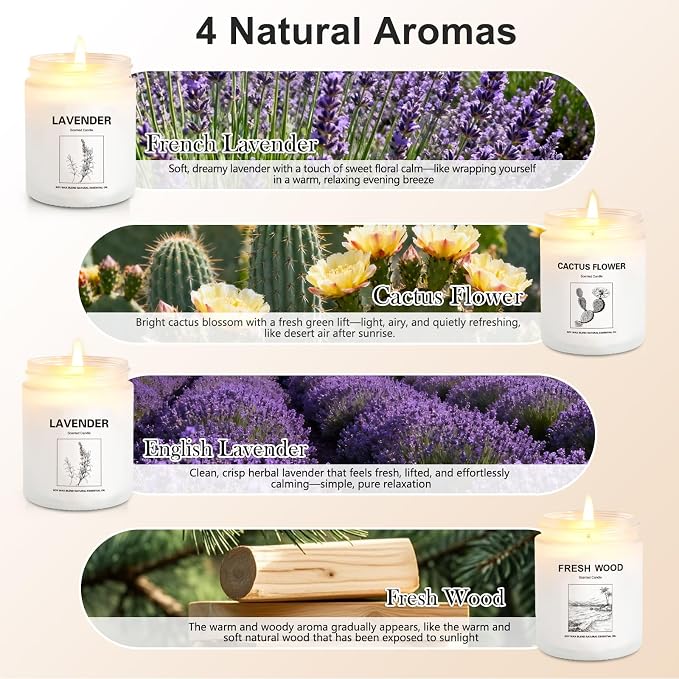 Scented Candles for Home,4 Pack Soy Candle Gift Set with 4 Fragrance Scents,Aromatherapy Lavender Floral & Wood Candles for