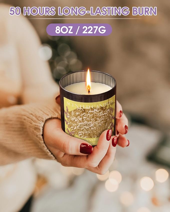 Scented Candles for Home, 8oz Soy Candle, 50H Burn, Lemon Verbena Aromatherapy, White Candle in Gift Box, Perfect for