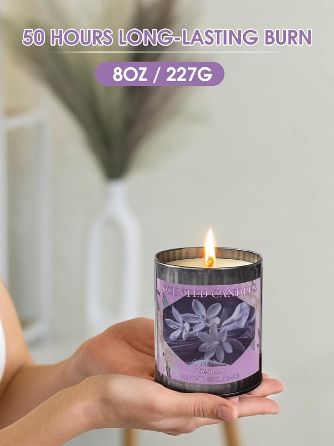 Scented Candles for Home, 8oz Soy Candle, 50H Burn, Vanilla Aromatherapy, White Candle in Gift Box, Perfect for Birthday