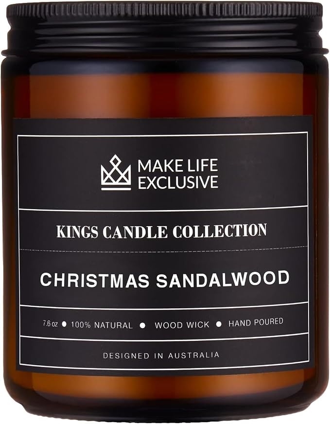 Scented Candles for Men | Christmas Sandalwood | Wooden Wick, Long Lasting, Masculine Scents | Natural Soy Jar Candle for