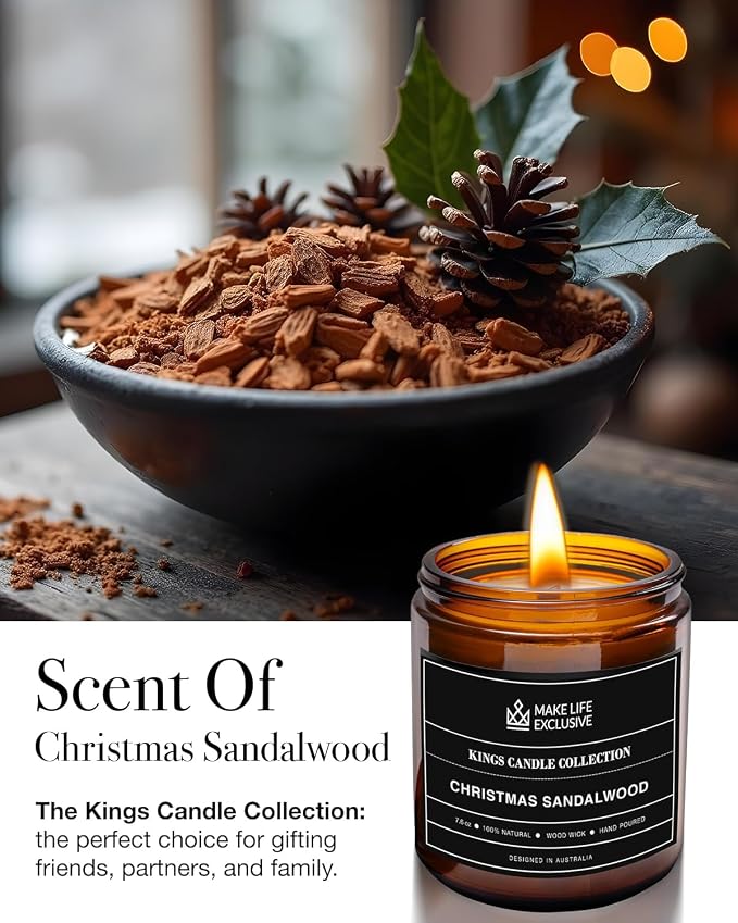 Scented Candles for Men | Christmas Sandalwood | Wooden Wick, Long Lasting, Masculine Scents | Natural Soy Jar Candle for