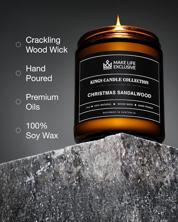 Scented Candles for Men | Christmas Sandalwood | Wooden Wick, Long Lasting, Masculine Scents | Natural Soy Jar Candle for