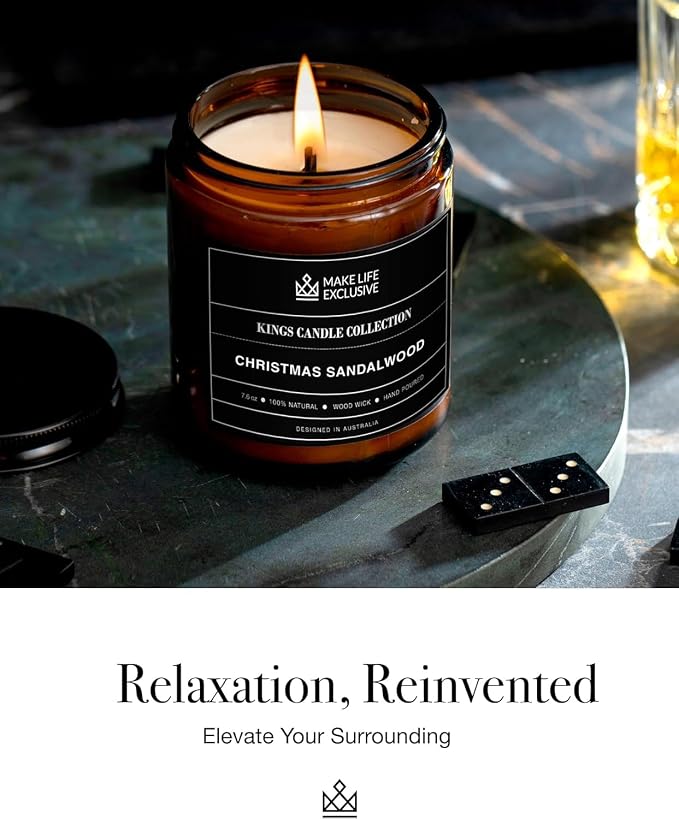 Scented Candles for Men | Christmas Sandalwood | Wooden Wick, Long Lasting, Masculine Scents | Natural Soy Jar Candle for