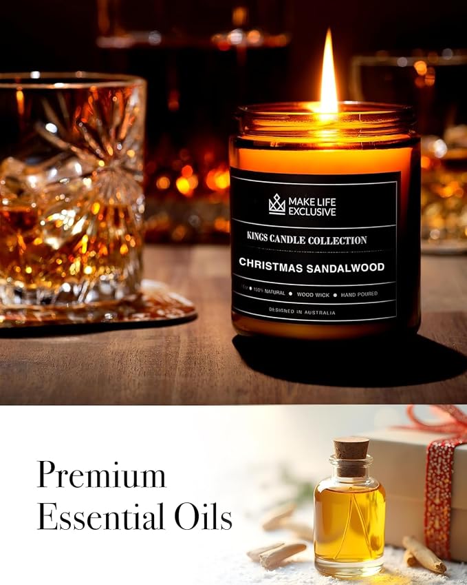 Scented Candles for Men | Christmas Sandalwood | Wooden Wick, Long Lasting, Masculine Scents | Natural Soy Jar Candle for