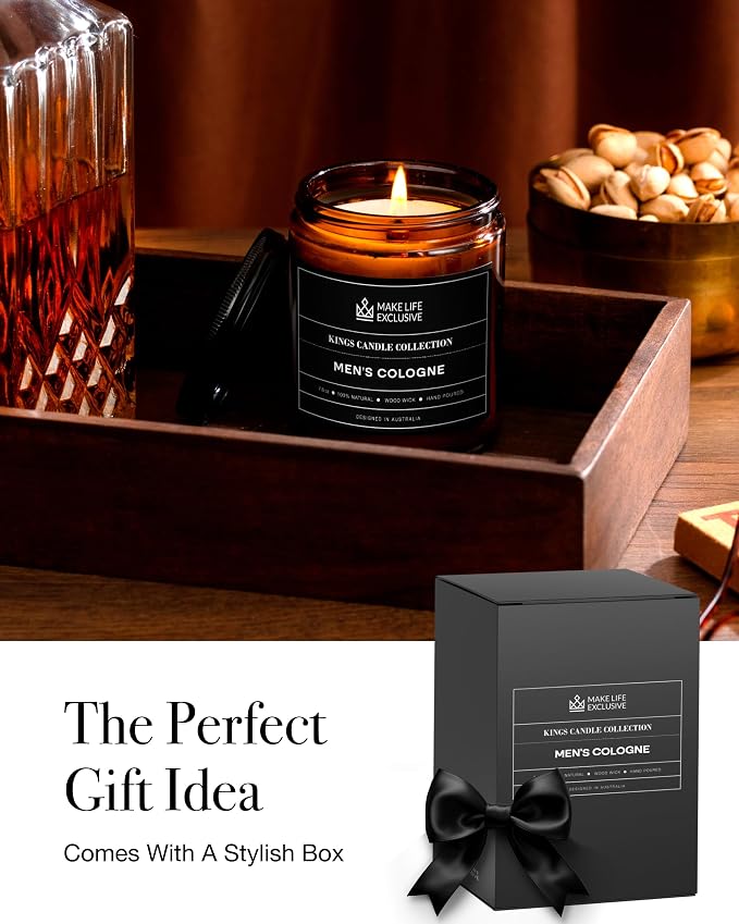 Scented Candles for Men | Men's Cologne, Amber Sandalwood Scent | Wooden Wick, Long Lasting, alternate product view 4