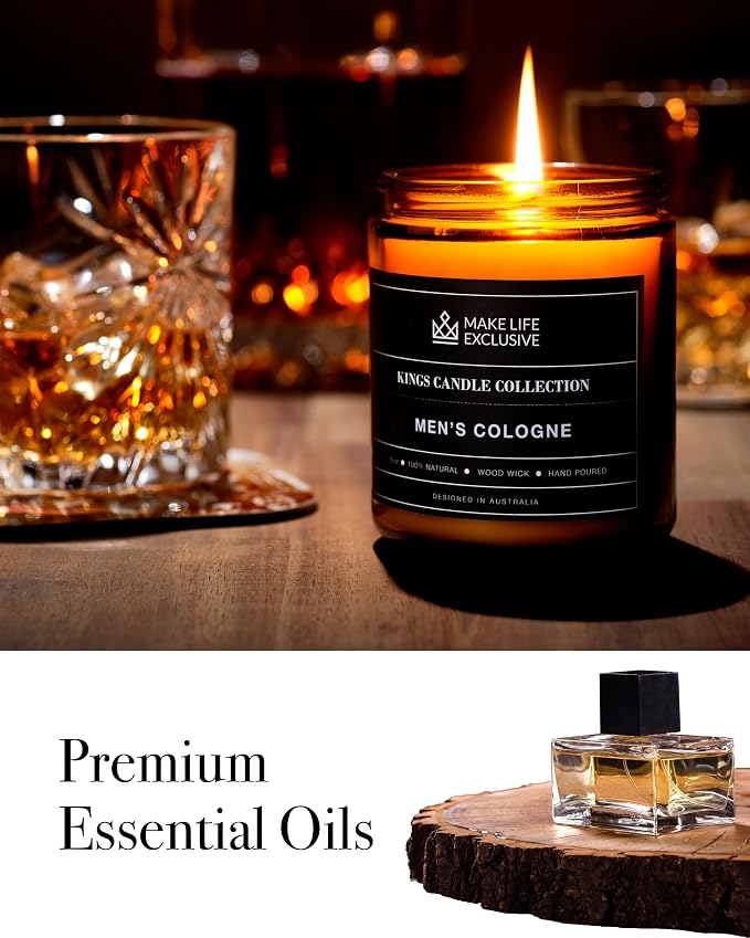 Scented Candles for Men | Men's Cologne, Amber Sandalwood Scent | Wooden Wick, Long Lasting, alternate product view 6