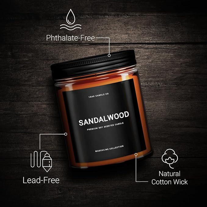 Scented Candles for Men - Sandalwood Candles - Mens Candle for Home - Masculine Candle - Long Burning Premium - Soy Wax