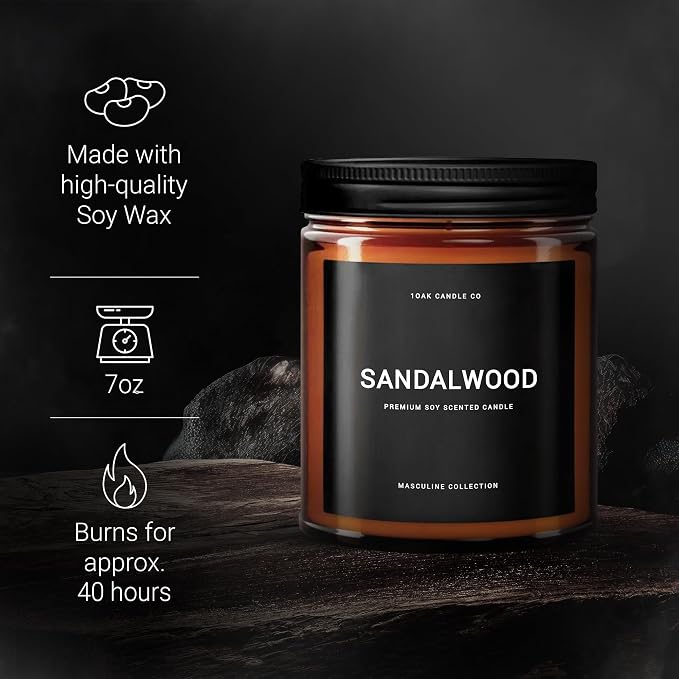 Scented Candles for Men - Sandalwood Candles - Mens Candle for Home - Masculine Candle - Long Burning Premium - Soy Wax