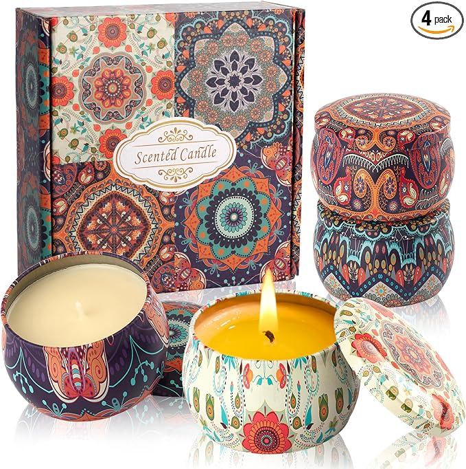 Scented Candles Gift Set - Women Candle Natural Soy Wax Aromatherapy Candle Stress Relief Small Gifts 120H Burning Candles 4