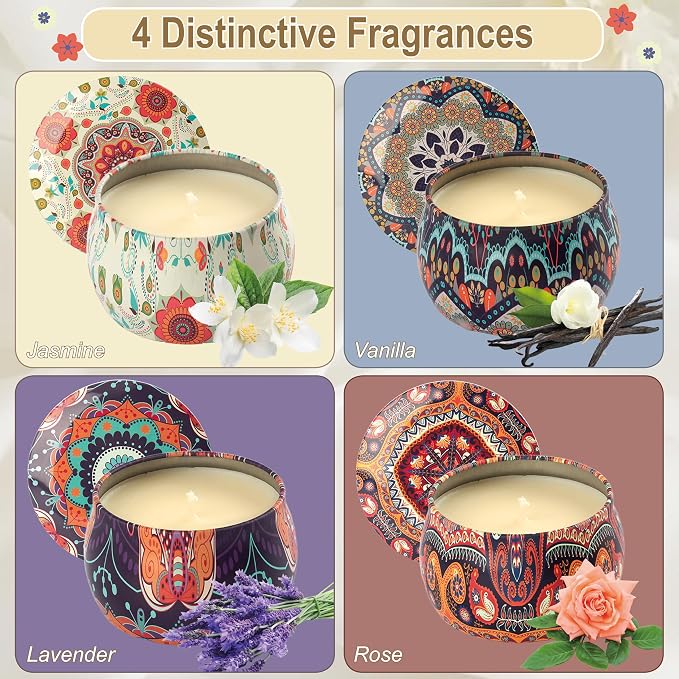 Scented Candles Gift Set - Women Candle Natural Soy Wax Aromatherapy Candle Stress Relief Small Gifts 120H Burning Candles 4