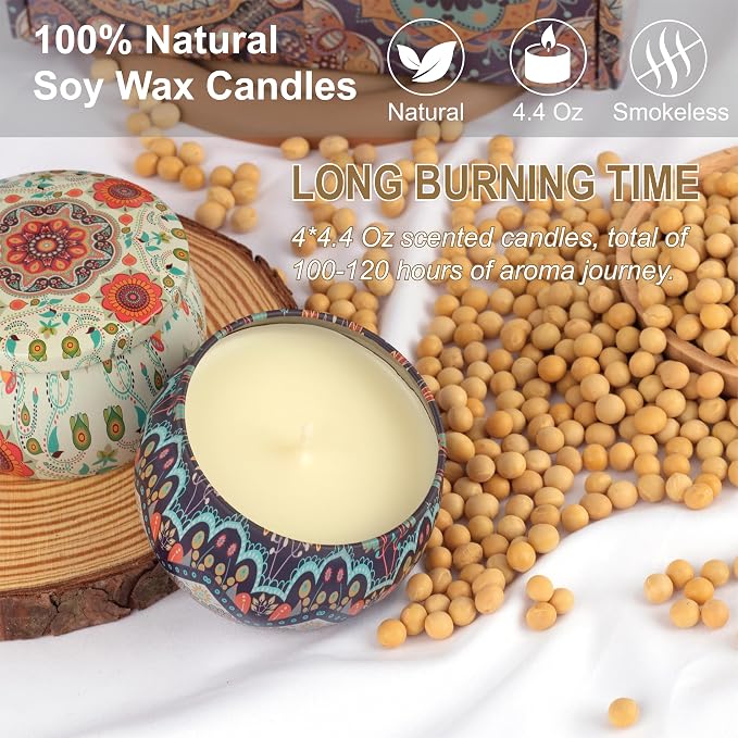 Scented Candles Gift Set - Women Candle Natural Soy Wax Aromatherapy Candle Stress Relief Small Gifts 120H Burning Candles 4