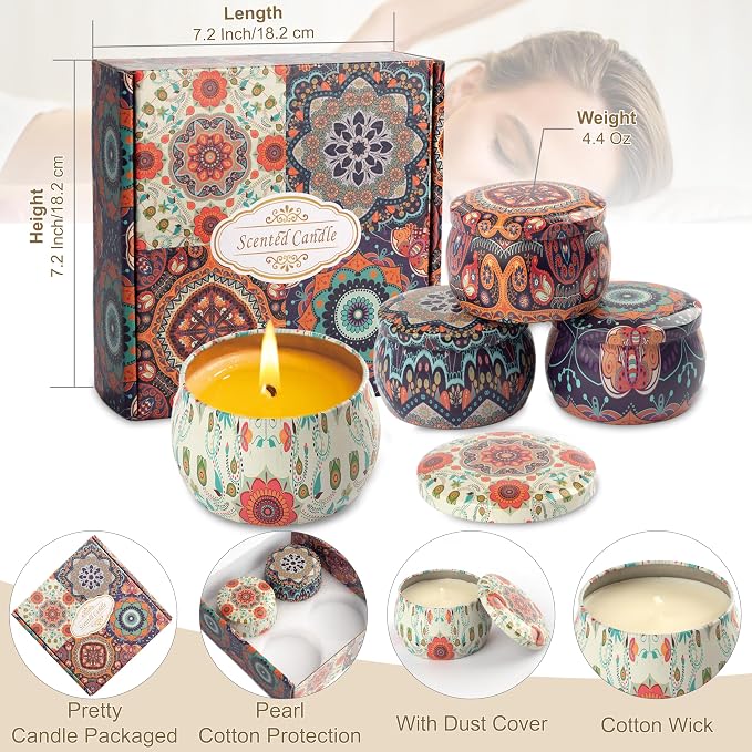 Scented Candles Gift Set - Women Candle Natural Soy Wax Aromatherapy Candle Stress Relief Small Gifts 120H Burning Candles 4