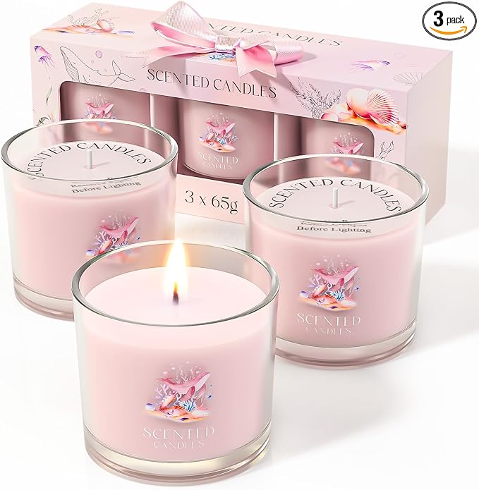 Scented Candles Gifts for Women, Candle Gift Set for Her, 3 Pink Ocean Candles, Birthday Gifts for Women/Men (Pink, product