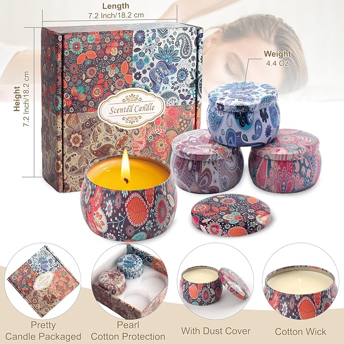 Scented Candles Gifts for Women - Soy Wax Natural Candle Set Aromatherapy Outdoor Indoor Small Aroma Candle Gift 4 PCS 4.4