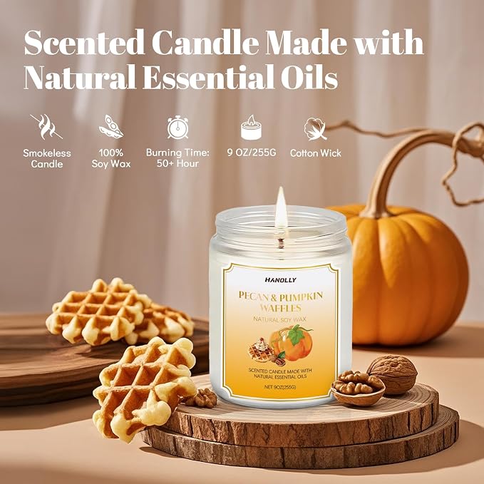 Scented Candles,Pecan & Pumpkin Waffles Scents, 9 oz Scented Candles for Home Soy Candle Wax, Lasting Aromatherapy Candles