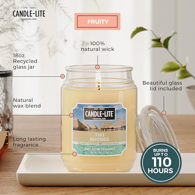 Scented Candles, Tiki Shores, 18 oz Jar, Proudly Poured in The USA, Aromatherapy Candle, Single-Wick with 110 Hours of Burn