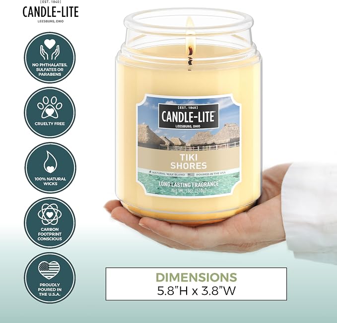 Scented Candles, Tiki Shores, 18 oz Jar, Proudly Poured in The USA, Aromatherapy Candle, Single-Wick with 110 Hours of Burn