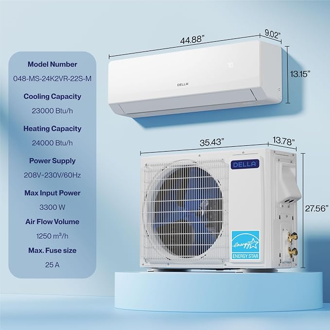 Serena Series 22 SEER2 23000 BTU Mini Split, Works with Alexa and Wifi, Energy Star, 230V, 2 Ton Pre-Charged, Ductless AC