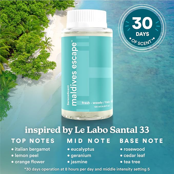 SereneScent Waterless Diffuser Oil Refill — Maldives Escape (120ml). Clean, Safe, Luxurious Hotel-Inspired Home Fragrance.