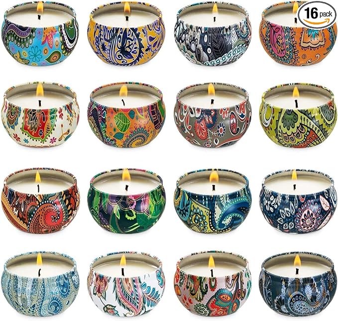 Set of 16 Small Scented Candles Soy Wax Aromatherapy Candles 2.5 OZ Portable Tin Candles with Lid, Relaxation Gifts Basket