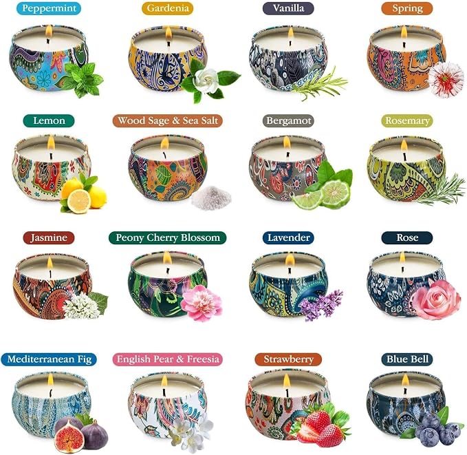 Set of 16 Small Scented Candles Soy Wax Aromatherapy Candles 2.5 OZ Portable Tin Candles with Lid, Relaxation Gifts Basket