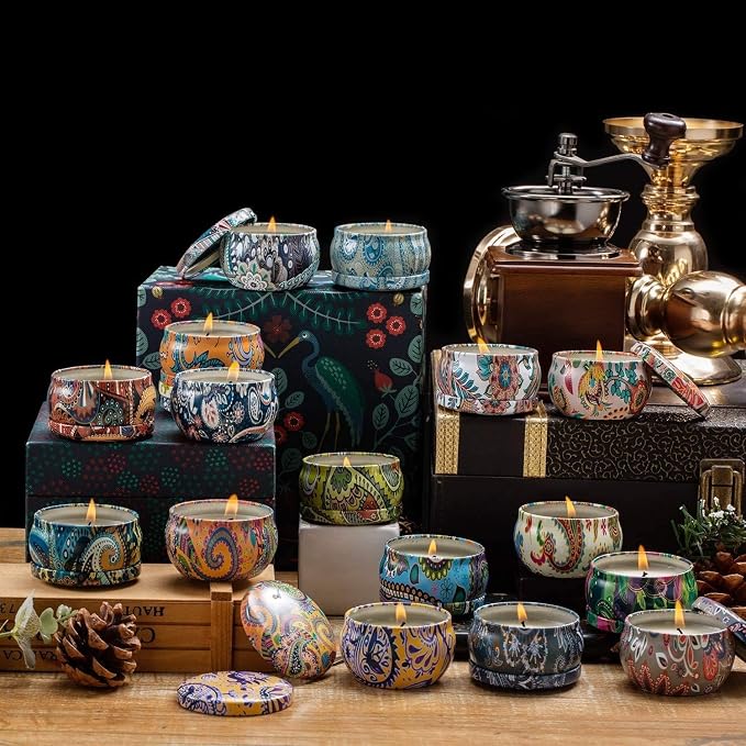 Set of 16 Small Scented Candles Soy Wax Aromatherapy Candles 2.5 OZ Portable Tin Candles with Lid, Relaxation Gifts Basket