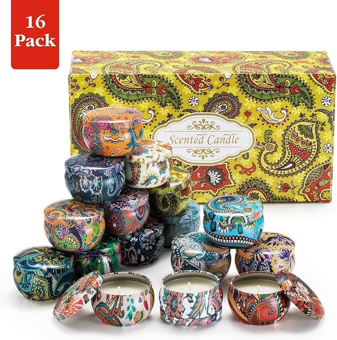Set of 16 Small Scented Candles Soy Wax Aromatherapy Candles 2.5 OZ Portable Tin Candles with Lid, Relaxation Gifts Basket