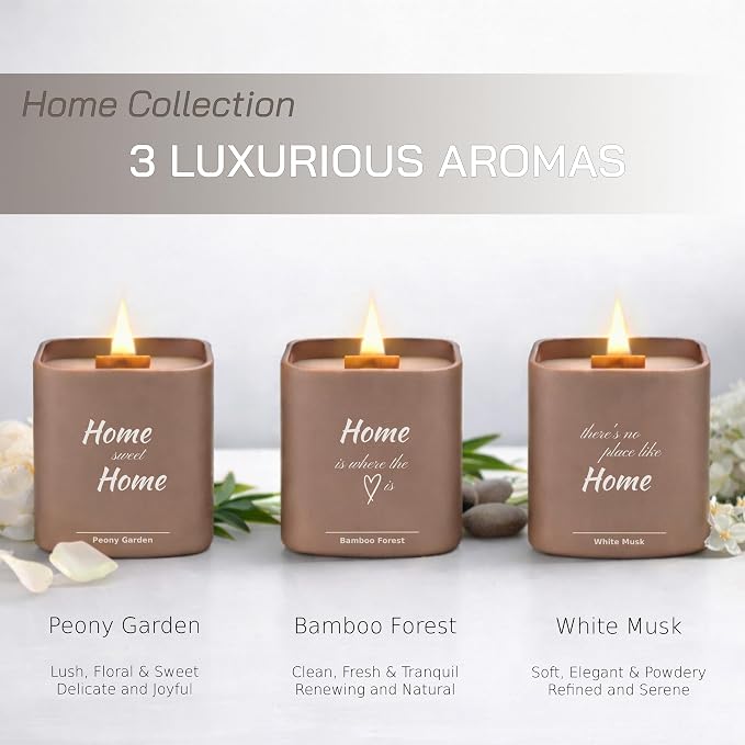Set of 3 Scented Soy Candles Gift Set | Home Collection – White Musk, Bamboo Forest & Peony Garden | Crackling Wood Wick |