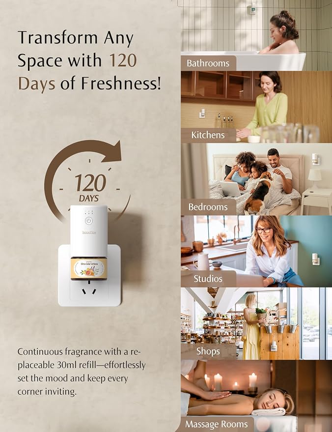 SF101 Pro Waterless Essential Oil Diffuser, Aromatherapy Diffuser for Home, Plug in Air Freshener, 120-Day Natural Aroma