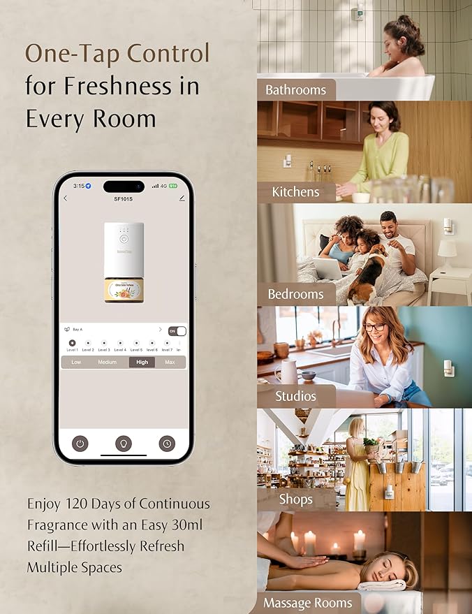 SF101S Pro Smart Waterless Essential Oil Diffuser, Aromatherapy Diffuser for Home, Plug in Air Freshener, 120-Day Natural