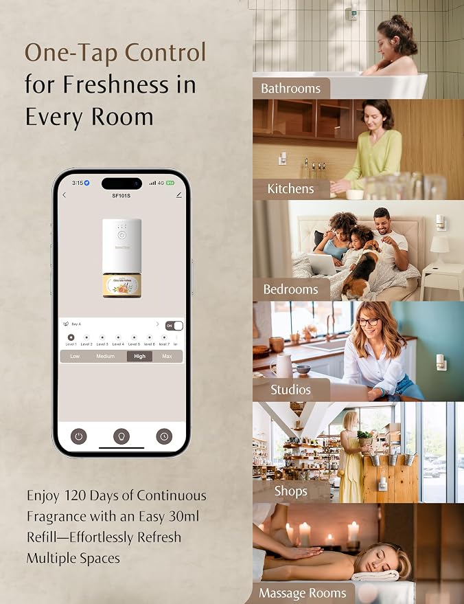 SF101S Pro Smart Waterless Essential Oil Diffuser, Aromatherapy Diffuser for Home, Plug in Air Freshener, 120-Day Natural