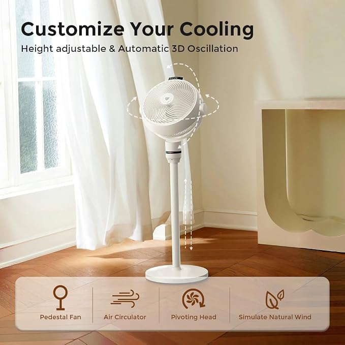 SF3 Smart Pedestal Fan Air Circulator with Temperature Sensor Remote/Touch Control, 22dB Ultra Quiet, Negative Ion
