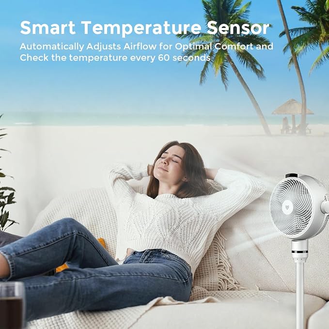 SF3 Smart Pedestal Fan Air Circulator with Temperature Sensor Remote/Touch Control, 22dB Ultra Quiet, Negative Ion