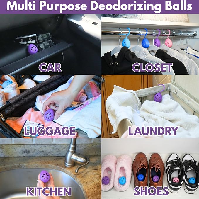 Shoe Deodorizer Balls 6 Ct, Lavender Scent, Odor Remover Balls for Sneakers, Gym Bags, Lockers, Closets, Hampers, and