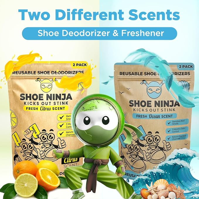 Shoe Ninja Shoe Deodorizer - Shoe Odor Elimination with Activated Charcoal, Versatile and Reusable Shoe Smell Remover
